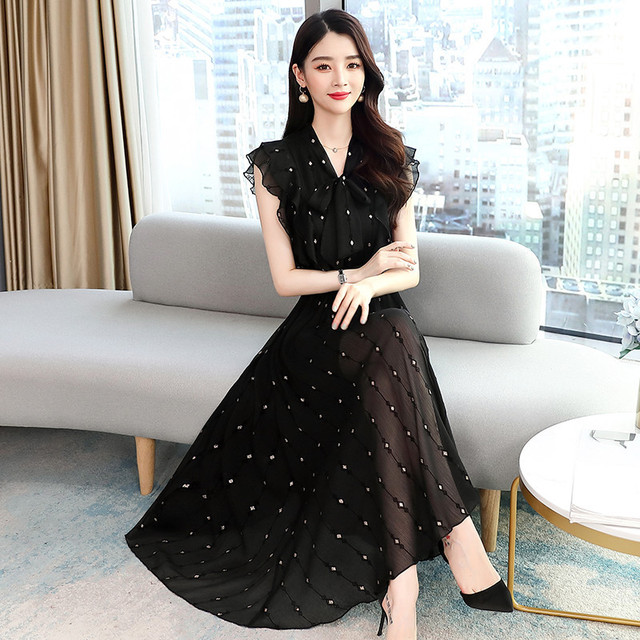 Ruffle silk dress summer waist show thin temperament long skirt French Polka Dot Dress