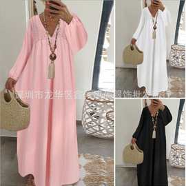 2020亚马逊eBay欧美新款蕾丝拼接长袖宽松长款拖地连衣裙