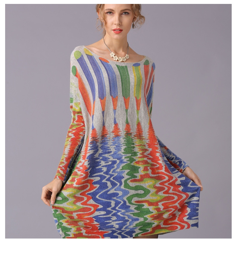 Autumn Winter Sweaters Loose Idle Pencil Print Pullover Mid Length Knitwear Women