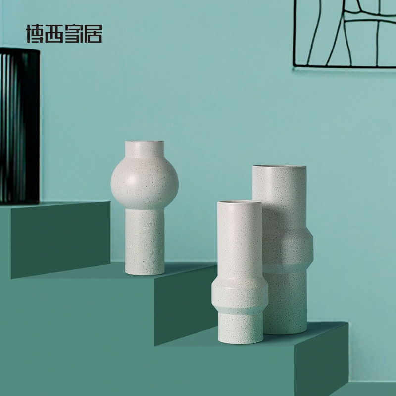 北欧陶瓷花瓶摆件创意简约几何无光白加点干花插花器家居软装饰品