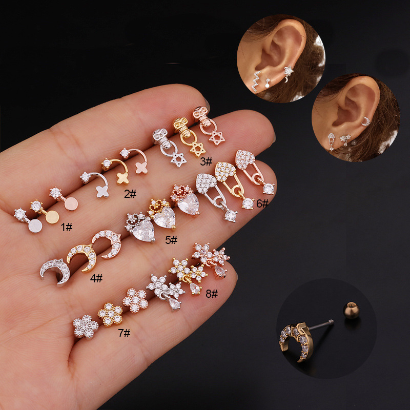 Ear Cartilage Rings & Studs Flower 316 Stainless Steel  Copper Inlaid Zircon display picture 12