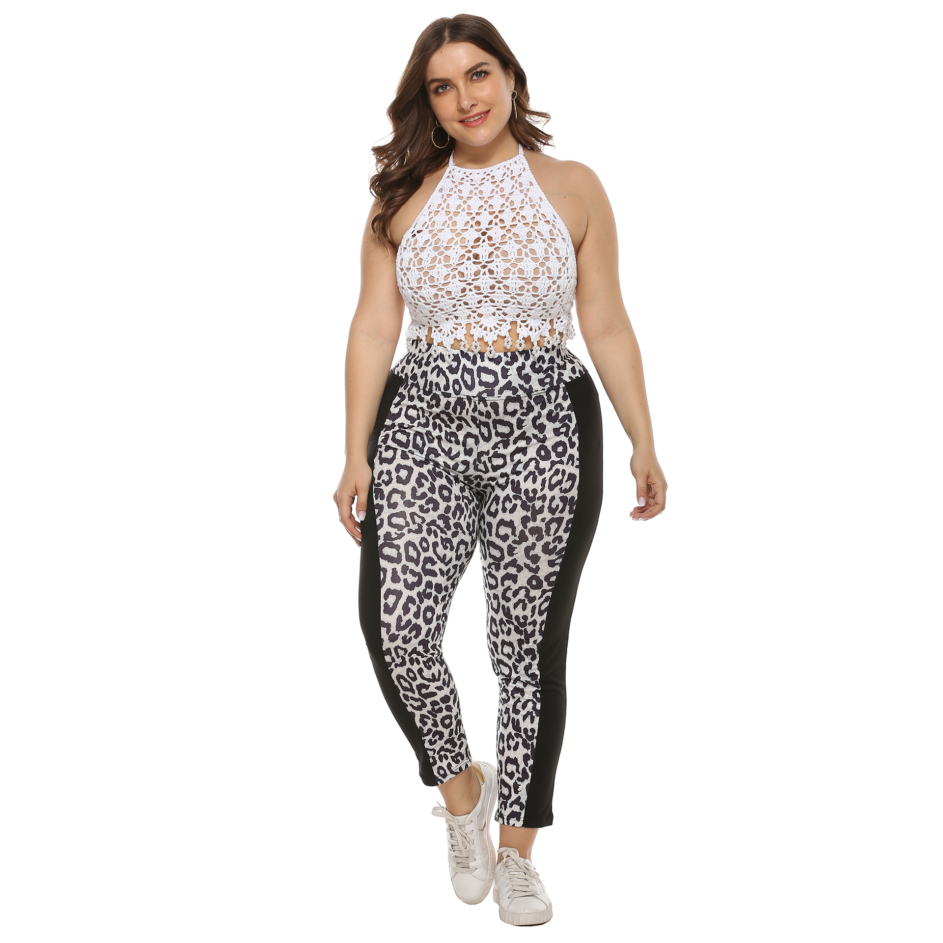 plus size leopard print stitching casual leggings  NSOY28436