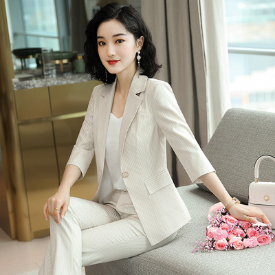 七分袖西装套装女夏减龄时尚气质条纹职业装气质女神范洋气两件套|ms