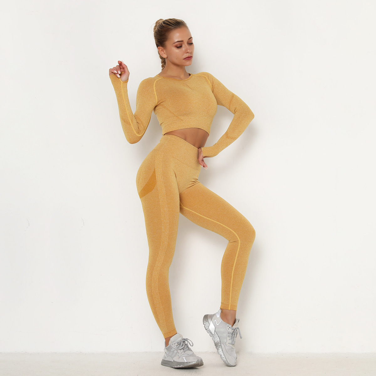Seamless Sweat-Absorbent Hip High Waist Fitness Pants Tight Long-Sleeved Sports Suit NSNS10704