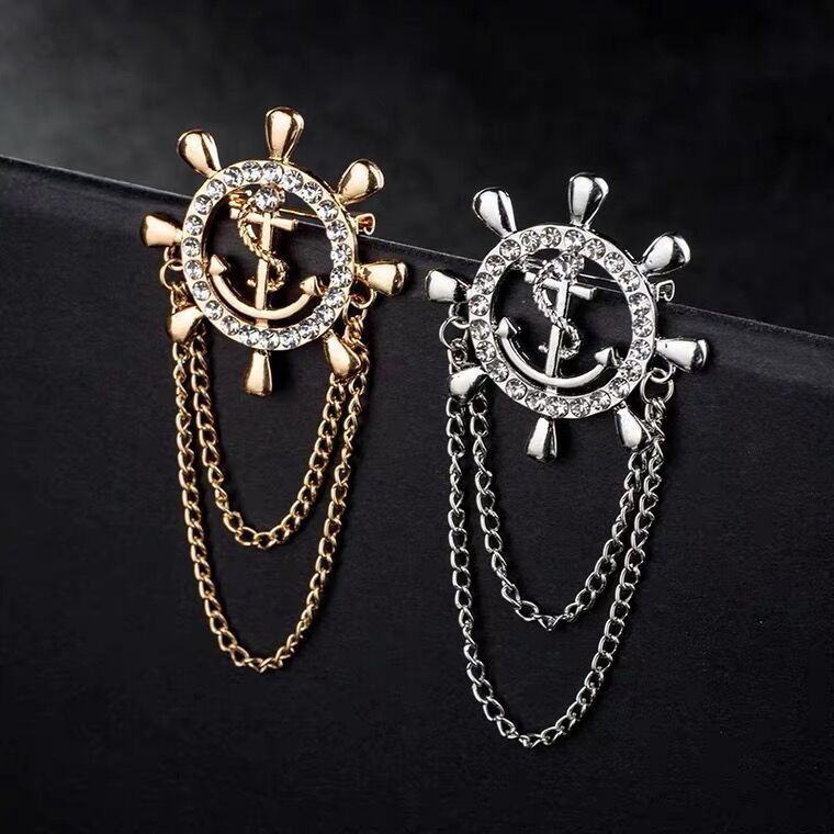 Naval Air originality crystal Rudder temperament Pin man suit Trend chain Brooch Tassel brooch