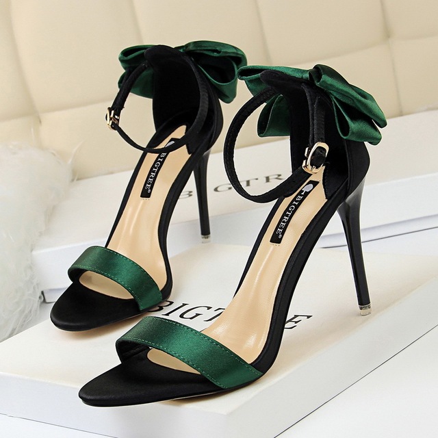 Korean fashion stiletto high-heeled silk color block with bow sandals