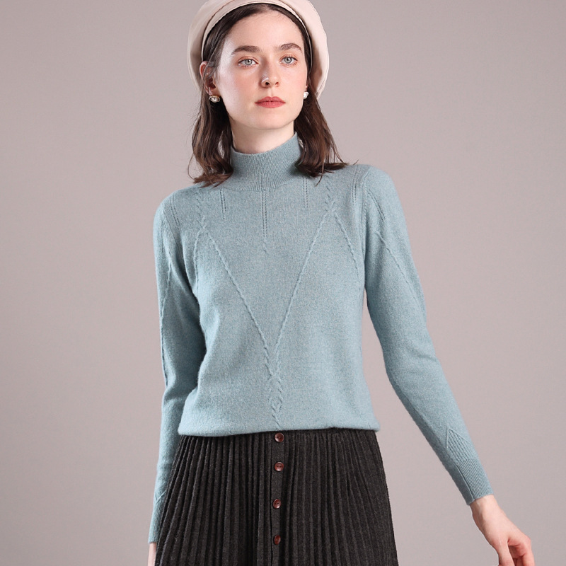女式羊绒衫纯色半高领扭花羊毛衫秋季新款镂空毛衣阿兰花打底衫|ms