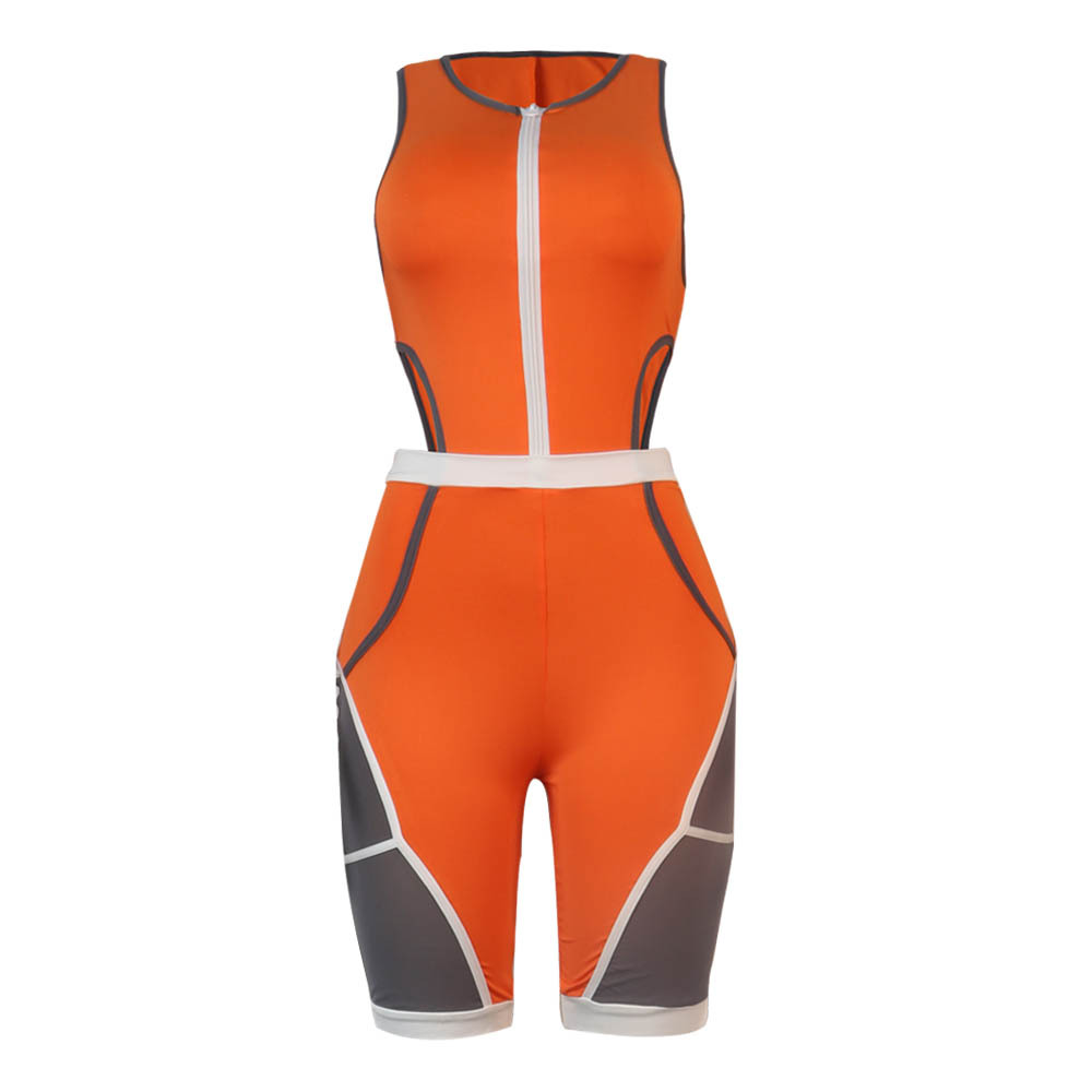 slim-fit zipper mesh see-through color-blocking jumpsuit Nihaostyles wholesale clothing vendor NSTYF72914