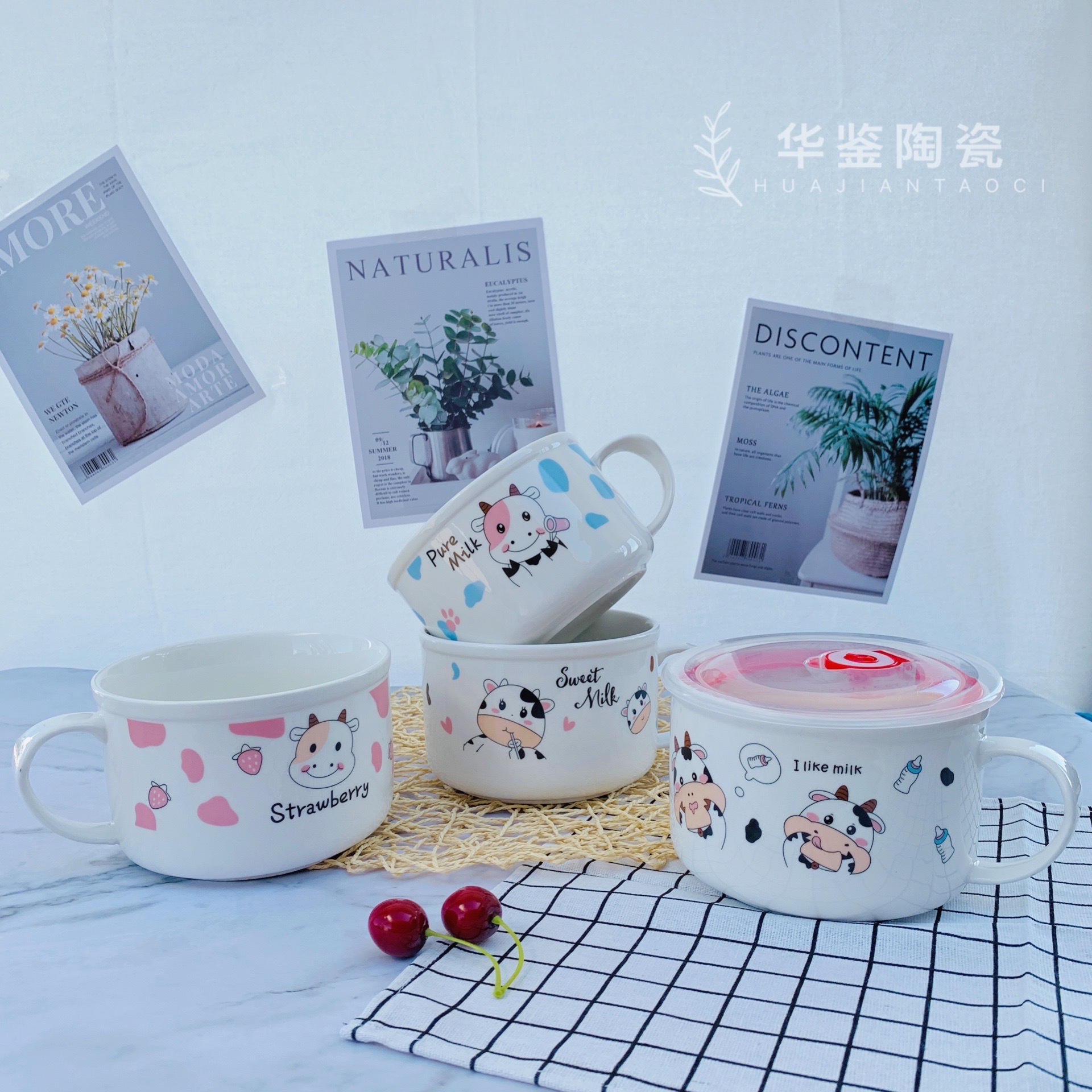 Tazón de cerámica personalizado de estilo japonés con asa, tazón para fideos instantáneos con tapa, lonchera para sopa de fideos, tazón para conservar alimentos frescos, estilo nórdico para uso doméstico.
