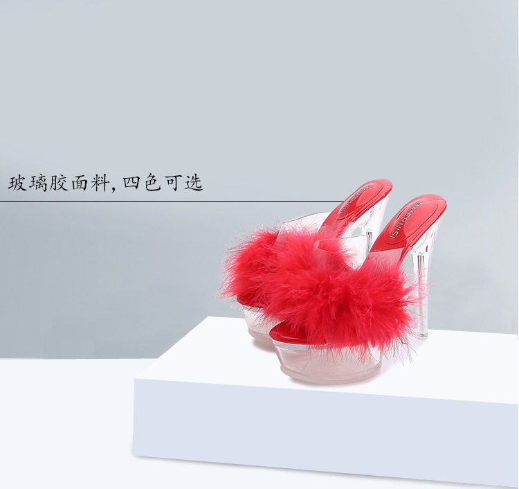 Dép sandal nữ gót nhọn siêu cao phối lông, quai trong suốt pha lê, mũi hở — Màu hồng, Màu trắng, Màu đen, Màu đỏ chi tiết 1