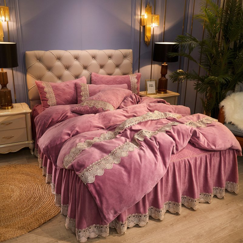 包邮欧式夹棉床裙三件套水晶绒加厚宝宝绒冬季蕾丝珊瑚绒四件套