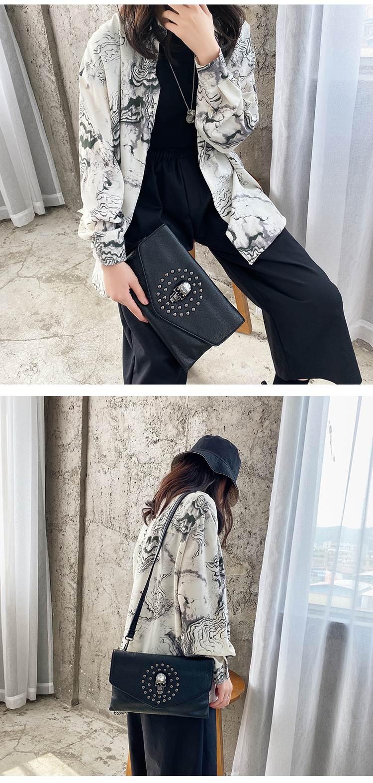 Schoudertas voor dames, punk stijl clutch met schedel decor_voghion.com