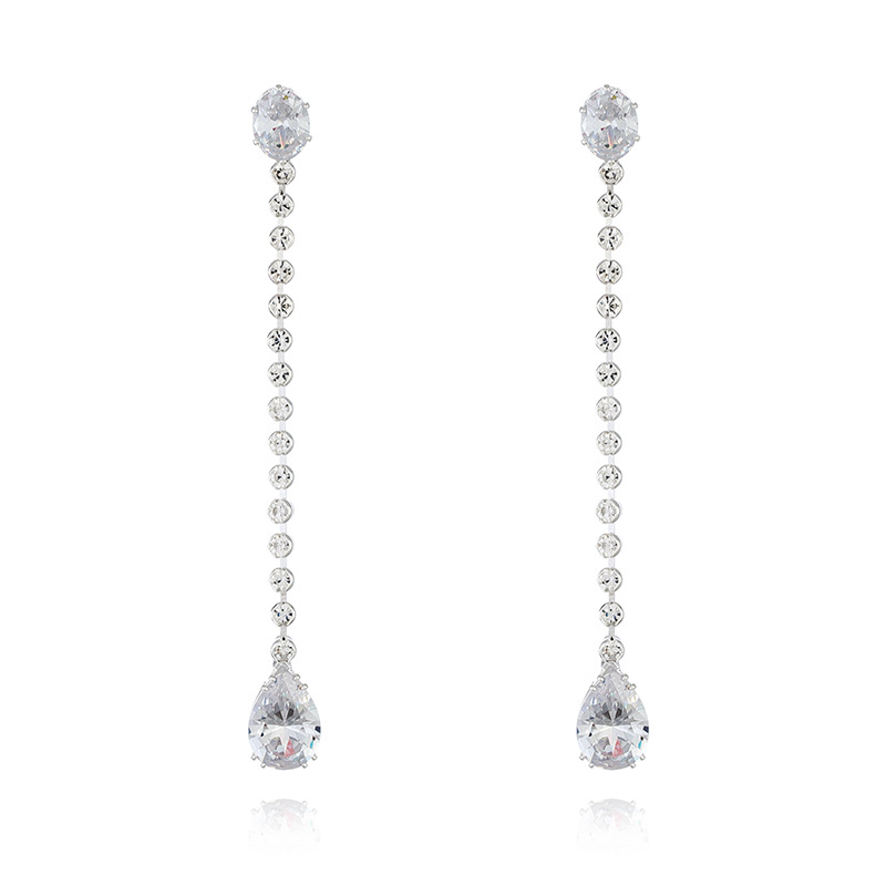 Pendientes de hilo con gota de circonita elegantes para mujer_voghion.com