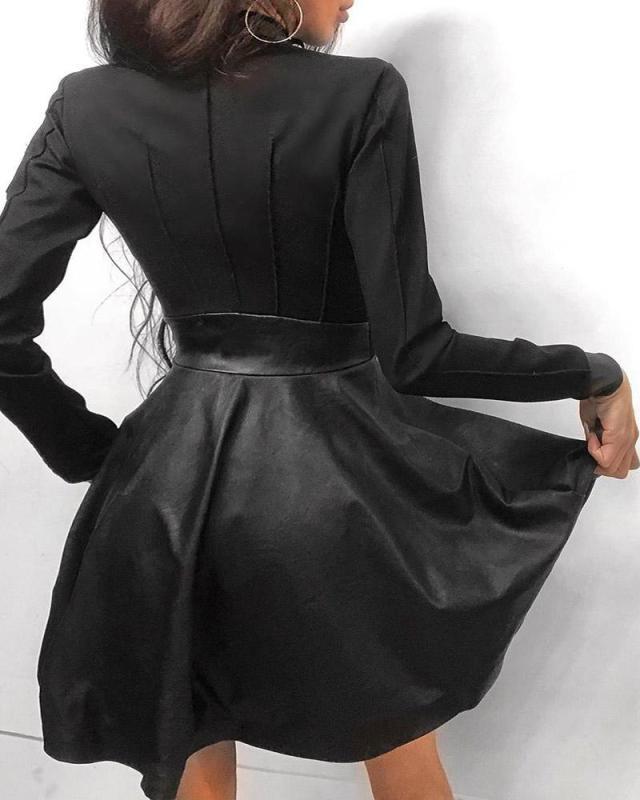 Pu Leather High Waist Long Sleeve Zipper Slim Dress NSYF12452