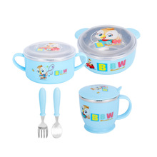 304不銹鋼兒童水杯卡通飯碗套裝雙層隔熱帶手柄輔食碗禮盒裝 禮品