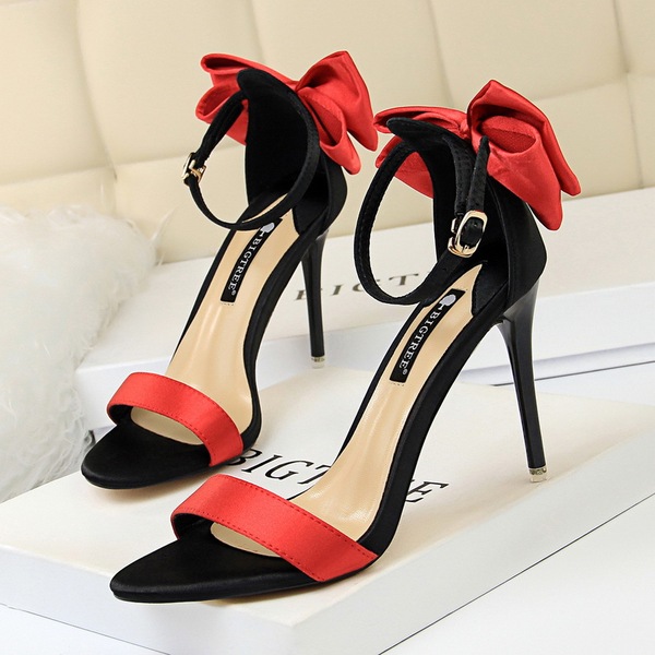Korean fashion stiletto high-heeled silk color block with bow sandals