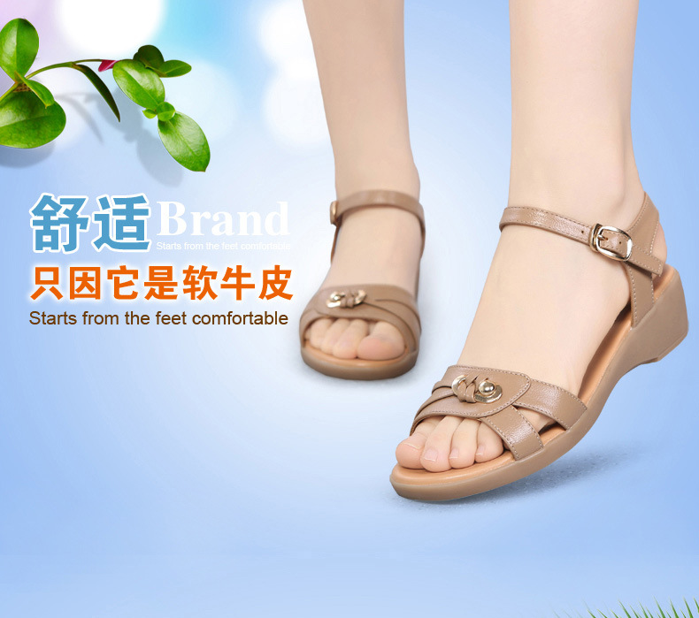 Sandal nữ đế bằng da thật mềm mại, quai chữ V đơn giản, phong cách trung niên — Màu đen chi tiết 5