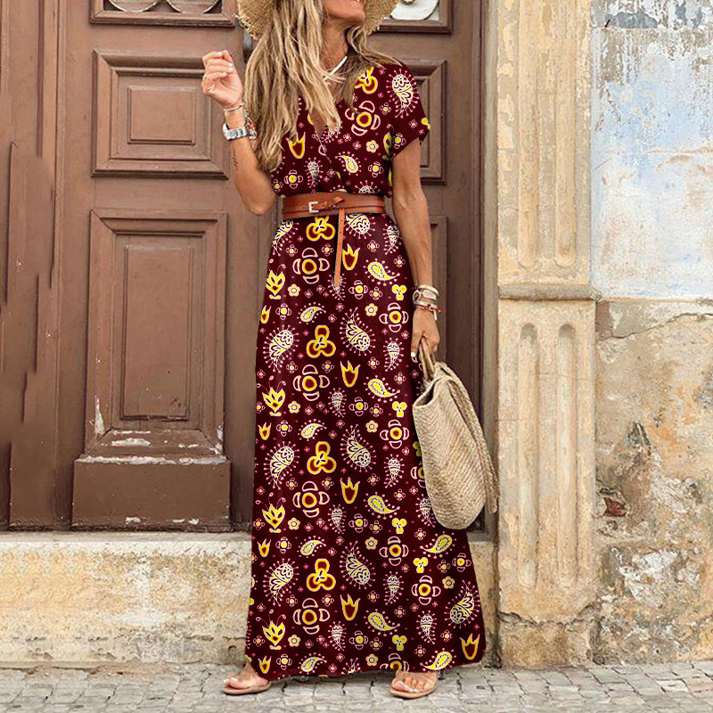 Women's Slit Dress Bohemian V Neck Printing Short Sleeve Cashew Nuts Maxi Long Dress Daily display picture 5