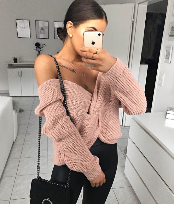 sexy off-shoulder knotted casual sweater NSLK10743