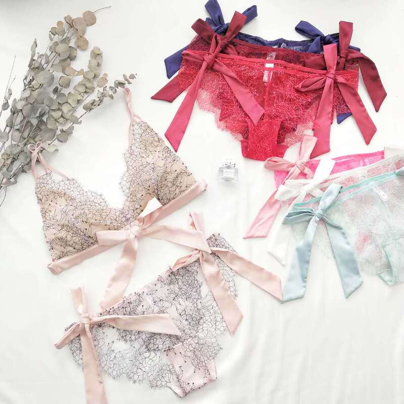 [Dream butterfly feather] Japanese lace thin cup without steel ring bow French sexy bra set underwear PJ24