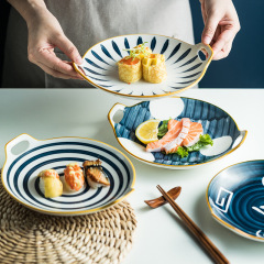 批發日式和風機印釉下彩陶瓷餐具菜盤深盤9寸圓形雙耳盤網紅款