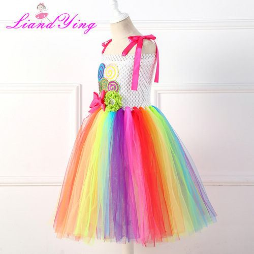 Children's Lollipop Dress, Mesh Tulle Tutu Skirt – Candy-Colored Rainbow Design for New Year’s Day Performance & Dance Wear, Girls’ Formal Gown