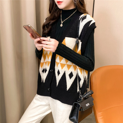 宽松慵懒风外穿2020春季韩版新款菱形开衫马甲复古风撞色毛衣女装|ms