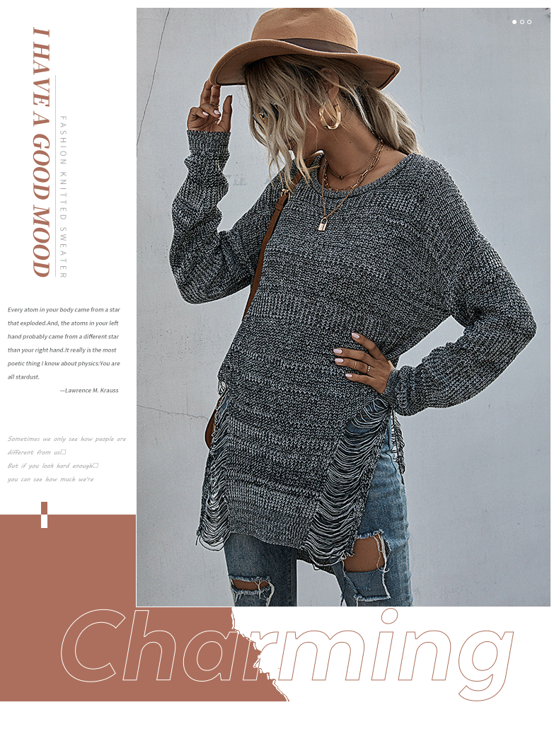 Einfarbiger, langärmeliger Rundhalspullover mit Rissen im Waldstil_voghion.com