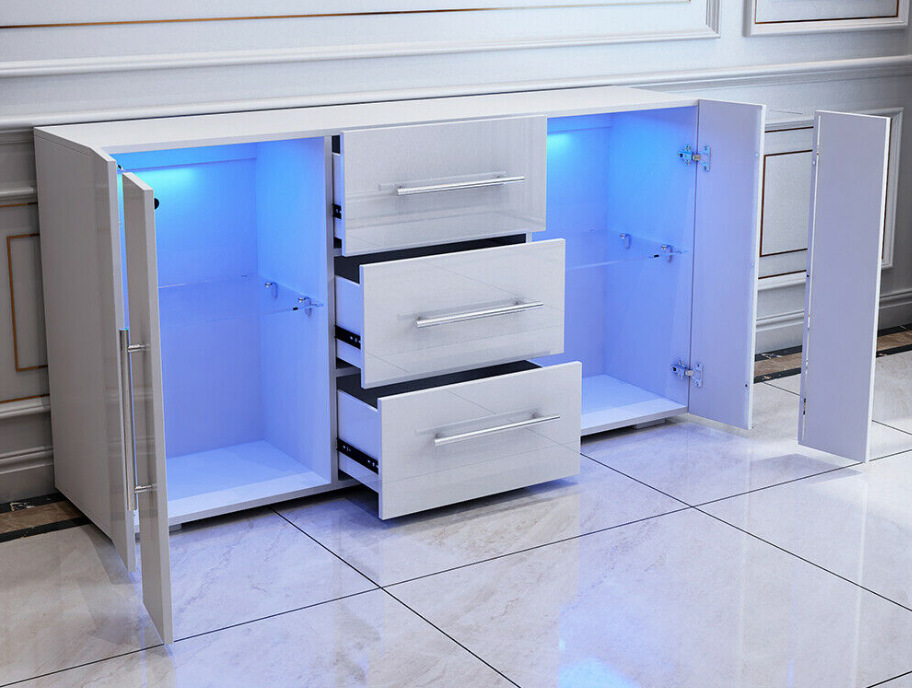 Moda 3-puerta 2-puerta blanco con luz LED de almacenamiento aparador gabinete sala de estar comedor aparador gabinete
