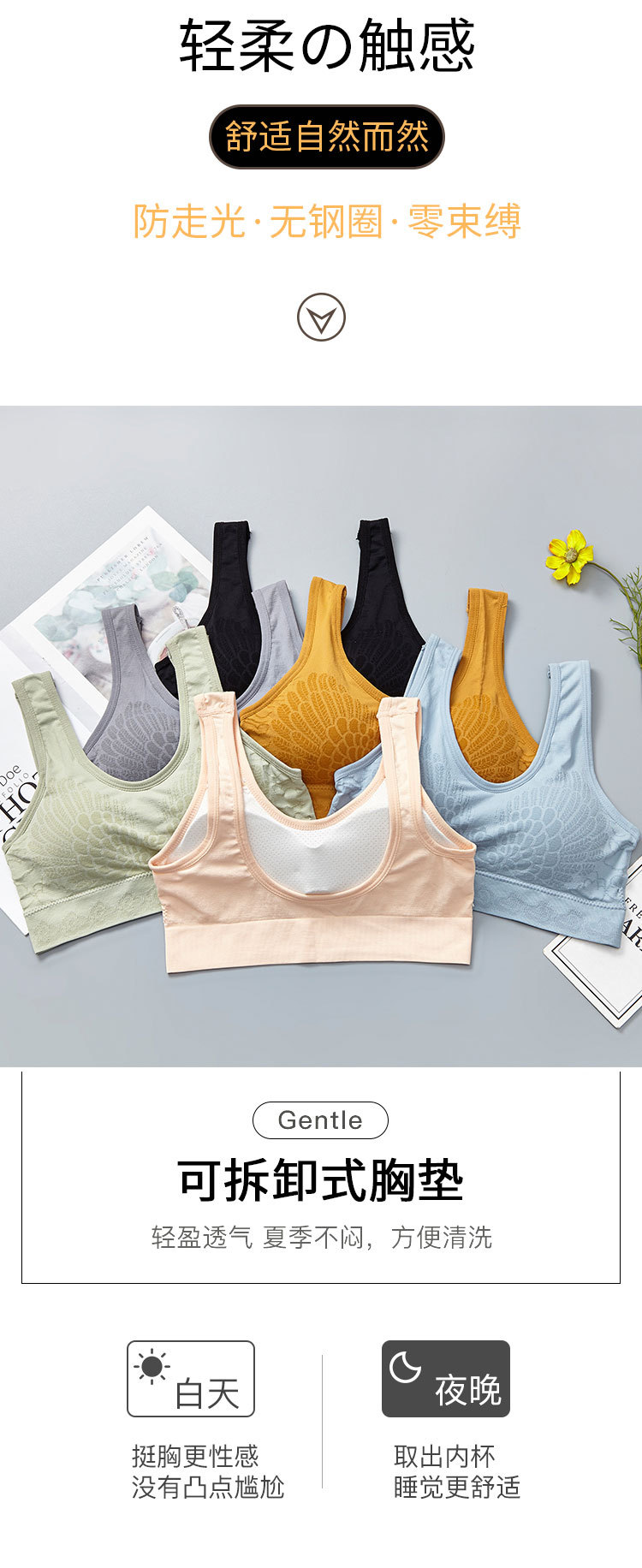 New seamless, wire-free cotton lining sleep gathering yoga lace beauty back vest sports bra for women detail image 3