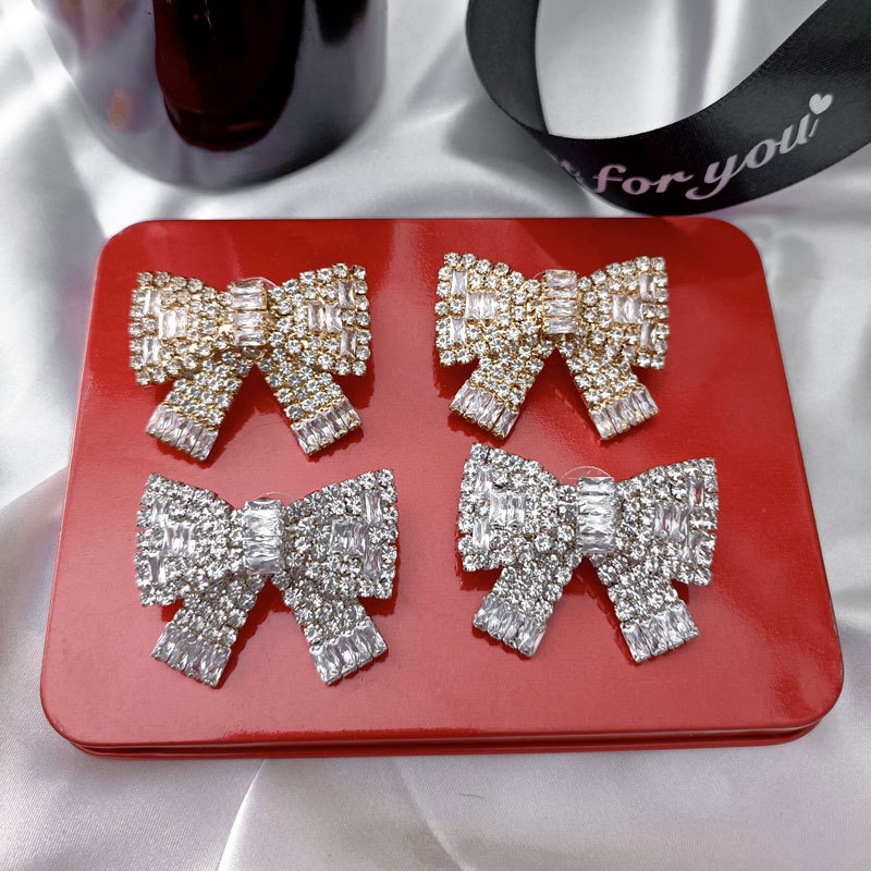 925 Sterling Silver Ear Needle Material 1 Pair Sweet Bow Knot Rhinestone Rhinestones Ear Studs
