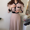 Round neck chic button high waist wool dress lace up bow knitting