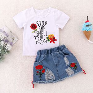 Summer girl’s suit white print T-shirt two piece denim skirt with holes