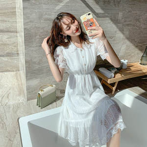 小清新白色仙女裙子夏2020新款时尚气质娃娃领a字中长法式连衣裙