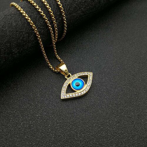 European and American Cross-Border Hip-Hop Jewelry Hip-Hop Earrings and Necklace with Titanium Steel, Gold Plating, and Diamond-Embedded Turkish Blue Eyes