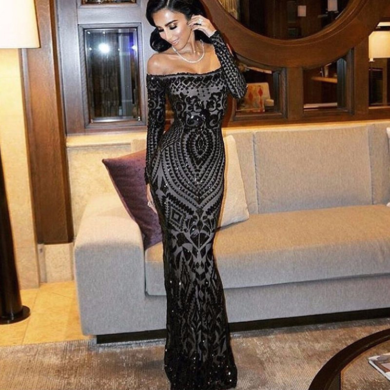 Women's Party Dress Elegant Off Shoulder Sequins Long Sleeve Geometric Maxi Long Dress Party display picture 7