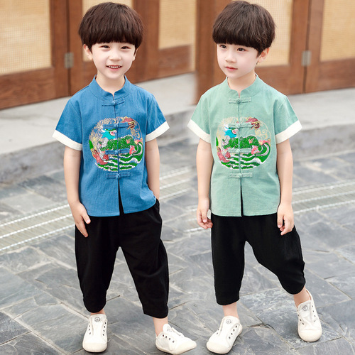 Cotton linen children boys Hanfu chinese tang suit short sleeve boy's  Dragon Phoenix wushu performance suit for kids 