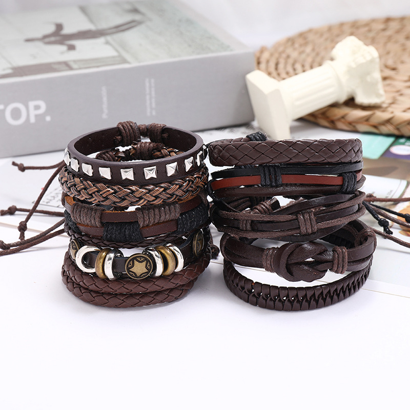 hot-selling fashion menu0027s cowhide retro multi-layer woven suit bracelet