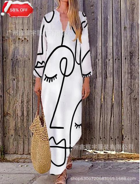 跨境欧美外贸新款WISH热卖花布长裙中腰品牌印花套头连衣裙