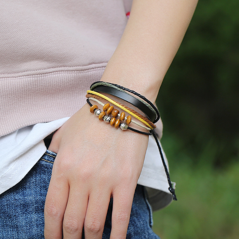 Hot Sell Beaded Leather Bracelet Hand Woven Multilayer Hemp Rope Wooden Bead Bracelet wholesale niha