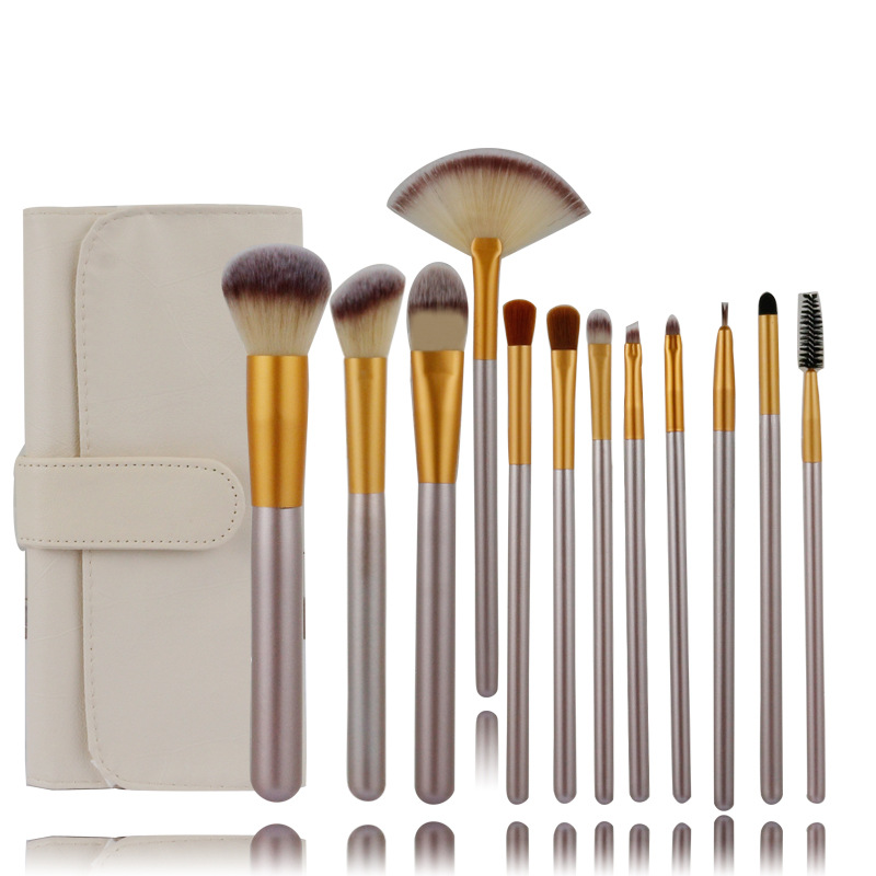 现货木杆12支香槟色化妆刷套装套刷18只米白色化妆包厂家批发|ms