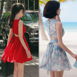 现货夏装新款韩版甜美天空云朵扎染露背绑带雪纺印花背心连衣裙