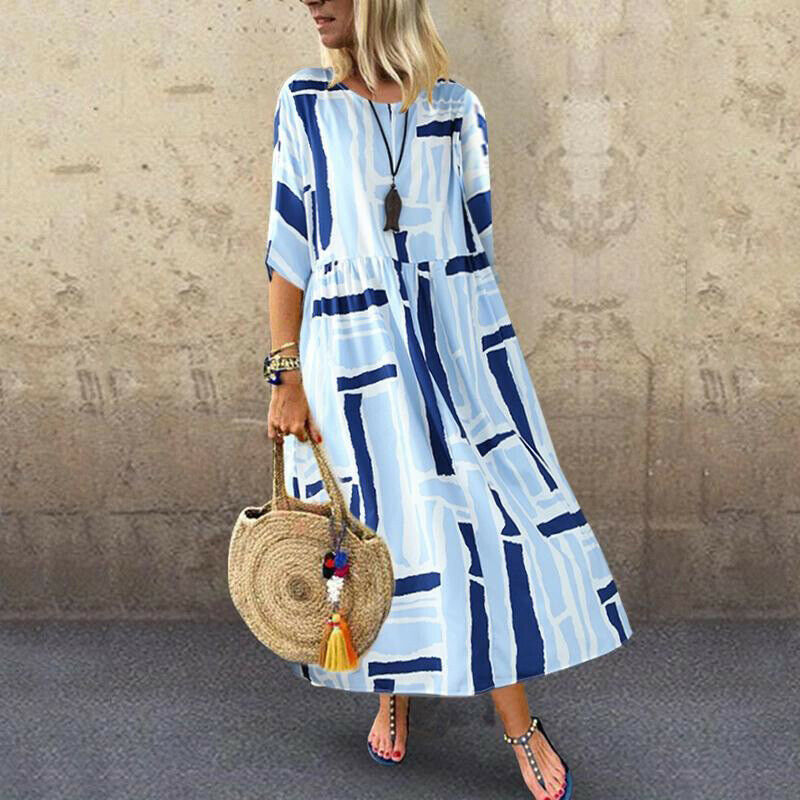 Elegant Printing Round Neck Half Sleeve Printing Splicing Polyester Dresses Maxi Long Dress T Shirt Dress display picture 5