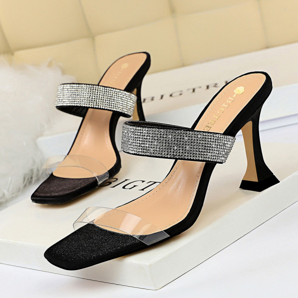 Thick heel high heel transparent hollow open toe square head water drill one word slipper