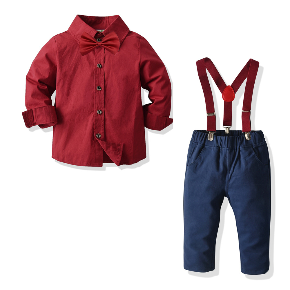 男童领节衬衣背带长裤礼服绅士套装中小儿童宝春秋开衫新年装