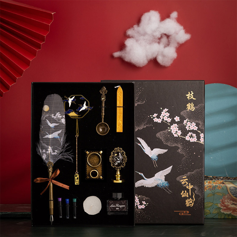 Chinese style feather dip pen pen set see crane return notebook fire paint cloud crane ink bag pen retro