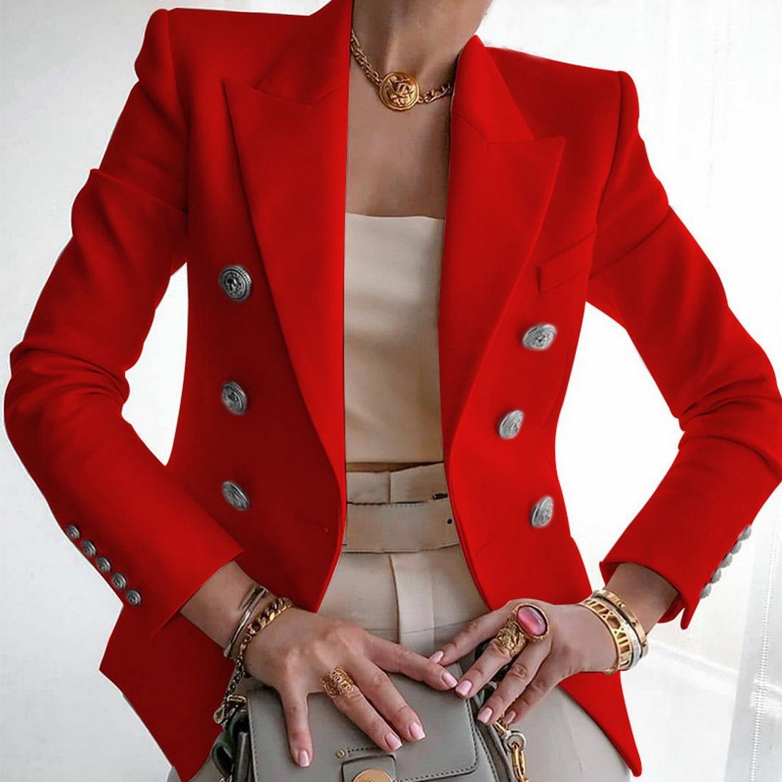 Women's Fashion Solid Color Button Double Breasted Blazer Blazer display picture 3