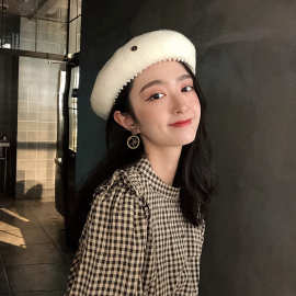 珍珠装饰蓓蕾帽女英伦复古秋冬韩版日系羊毛南瓜帽优雅画家贝雷帽