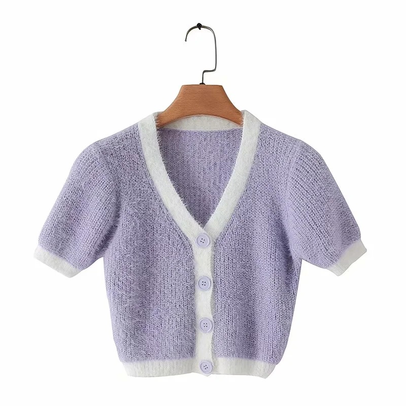 Slim Short Purple Short-Sleeved Knitted Sweater Cardigan NSZQW115406