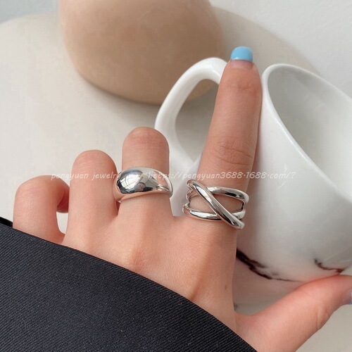 Japanese and Korean version of heavy industry 925 silver line cross ring female personality retro ins simple geometric glossy open ring